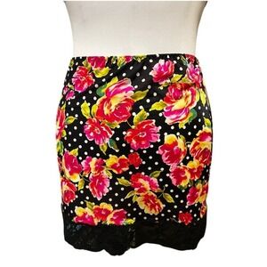 Victoria's Secret Floral Polka Dot Lace Trim Satin Mini Skirt Black Small